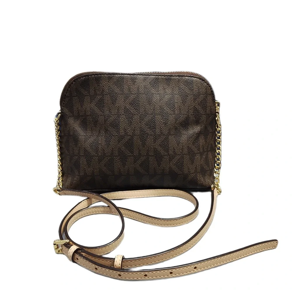 Michael Kors Jet Set Crossbody Bag Womens Brown Allover Logo Print Chain Strap